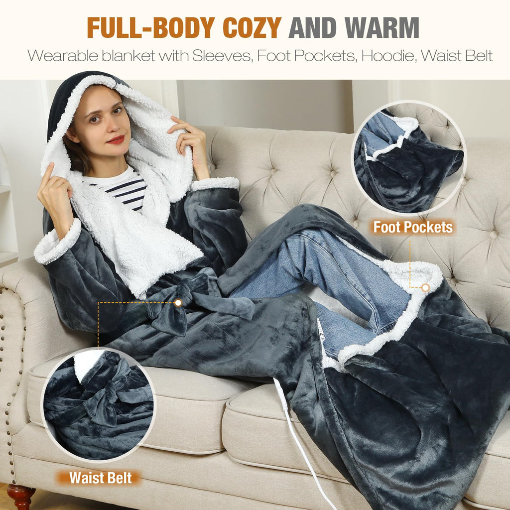 Goocoz Wearable Heated Blankets, Electric Snuggle Blanket with Foot Pockets, Sleeves, Hood, Waist Belt, 50"x70" Electric Heating Throw Blanket Wearable Heated Robe