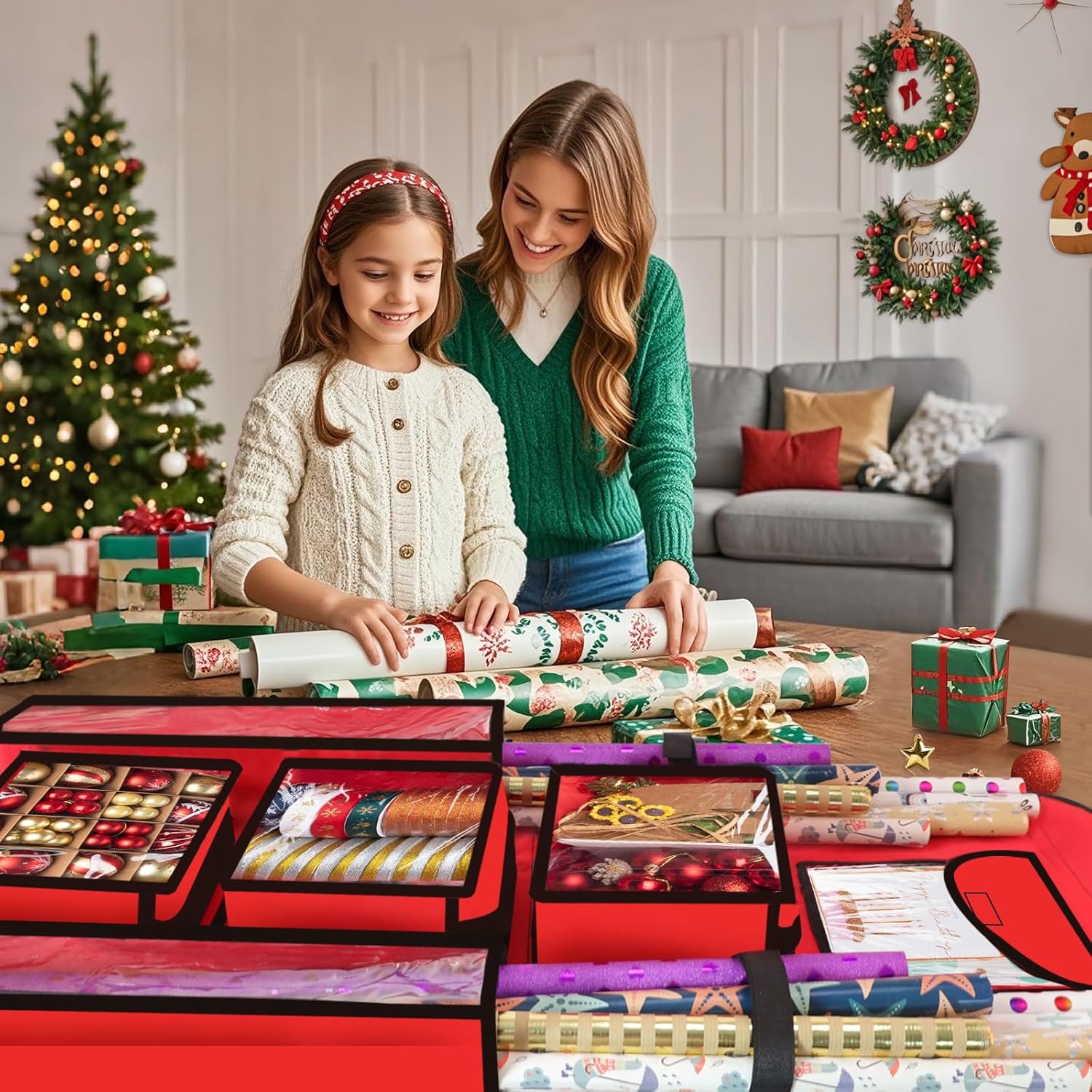 Woodoulogy Extra Large Gift Wrapping Paper Storage - 48x24 Red Double-Sided Christmas Organizer | Oxford Craft Roll Holder