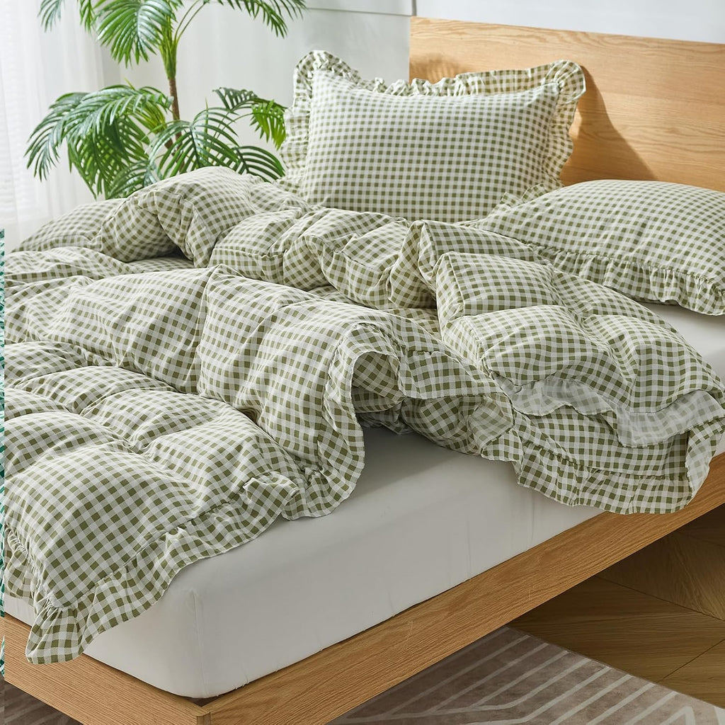 Regine Switzerland Gingham Duvet Cover Set - Soft Microfiber Queen Size with Zipper Closure & 2 Pillow Shams | Sage Green Farmhouse Decor
