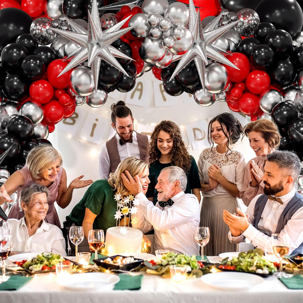 Red & Black Balloon Arch Kit - 3 Star Balloons & Garland for Birthday, Graduation, New Year Celebrations