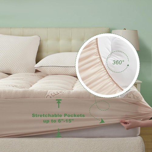 BEDLORE Full Size Mattress Topper - Breathable Bamboo Viscose Pillow Top for Back Pain Relief | Beige, Fits 6"-15" Mattresses