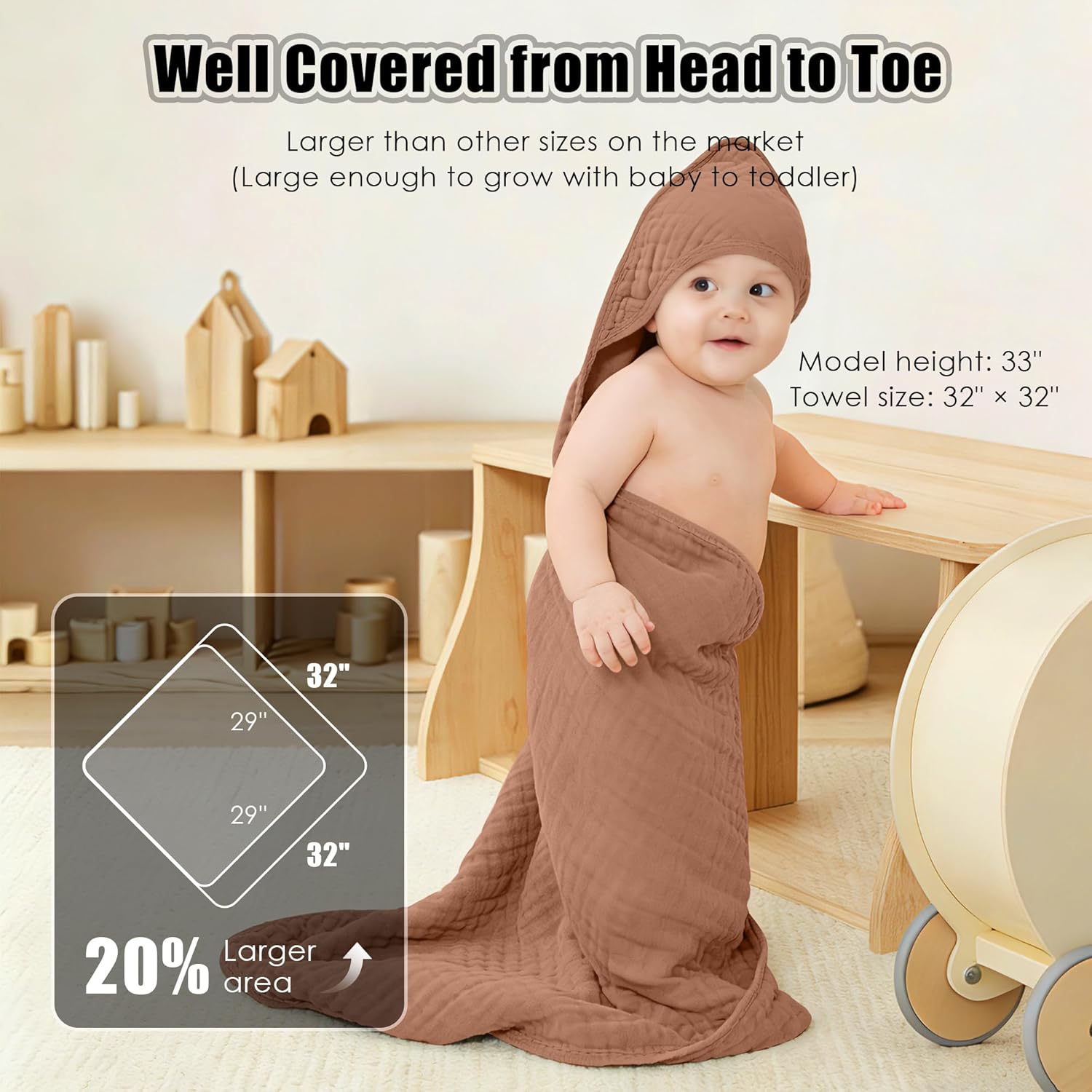 Sunny ZzzZZ Muslin Baby Bath Towels - 3 Pack of Soft 100% Cotton in Low-Saturation Pastels | 32x32 Inch