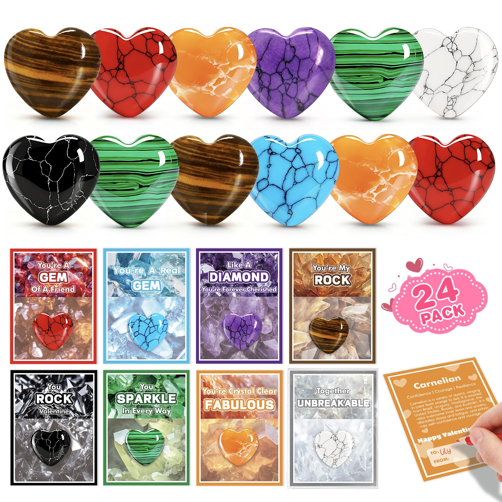 Jumlys Valentines Day Gifts for Kids, 24 Packs Valentines Day Cards with Heart-shaped Gemstone for School, Valentine Day Party Favors for Boys Girls, Ideal Exchange Cards for Classroom