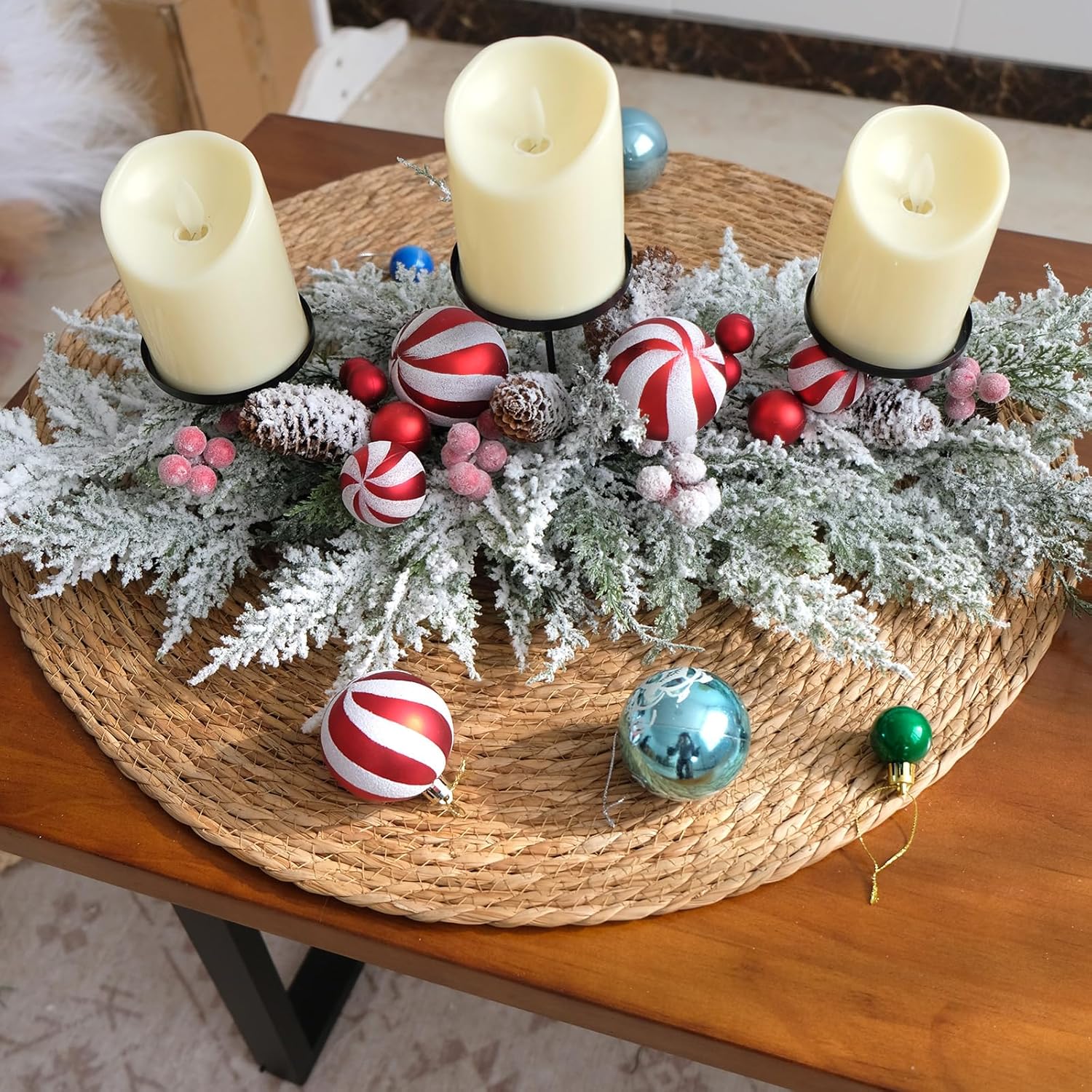 Regine Switzerland 28-Inch Christmas Candle Holder - Festive Red & White Balls with Berries | Holiday Table Centerpiece