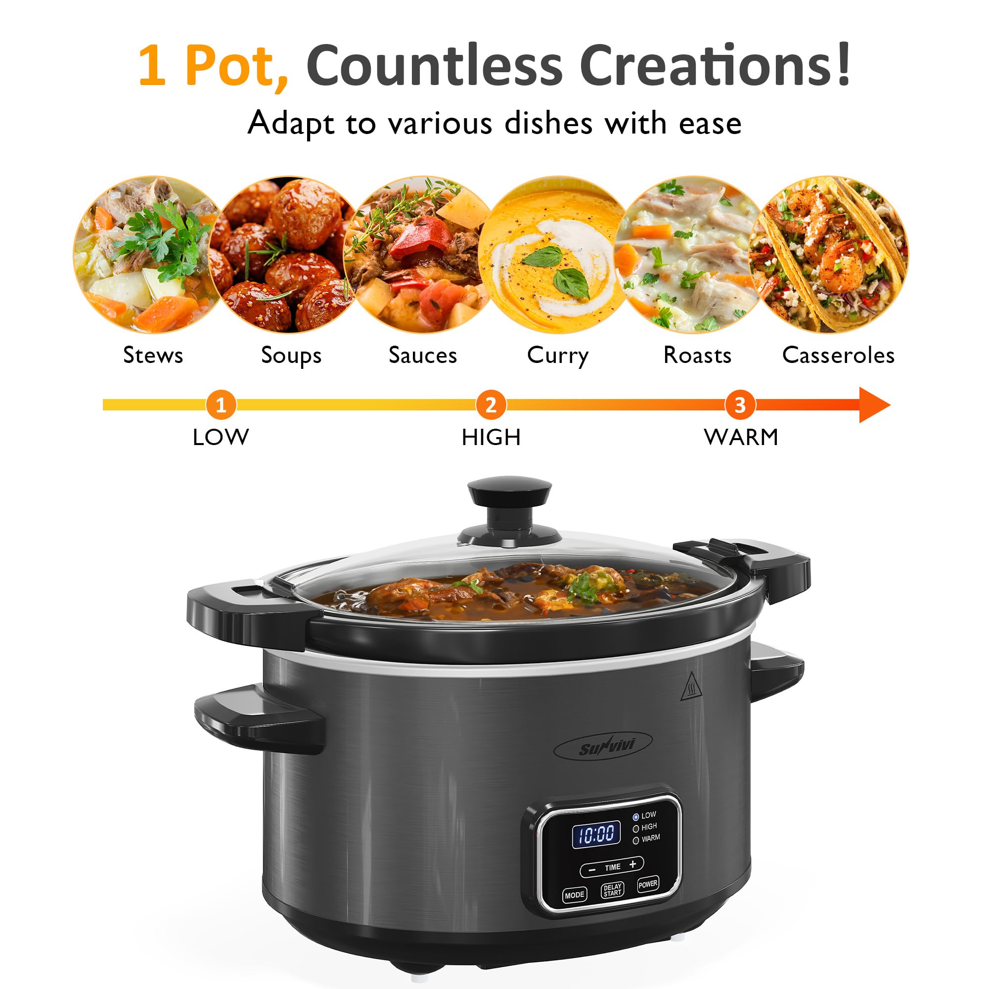 Sunvivi 4QT Programmable Slow Cooker with Locking Lid, Removable Ceramic Pot, 3 Heating Settings & Timer, Dishwasher-Safe, Dark Grey