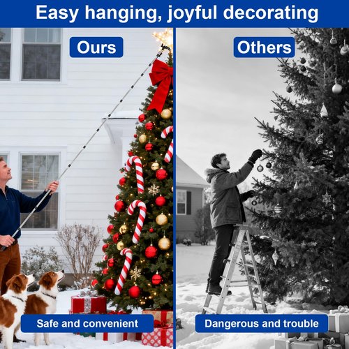 Fukaisu 3-15ft/82-460cm Telescopic Christmas Light Hanger Pole with Utility Hook, Extension Pole for Hanging Outdoor String Lights Bird Feeders Hanging Kit with Adjustable Reach