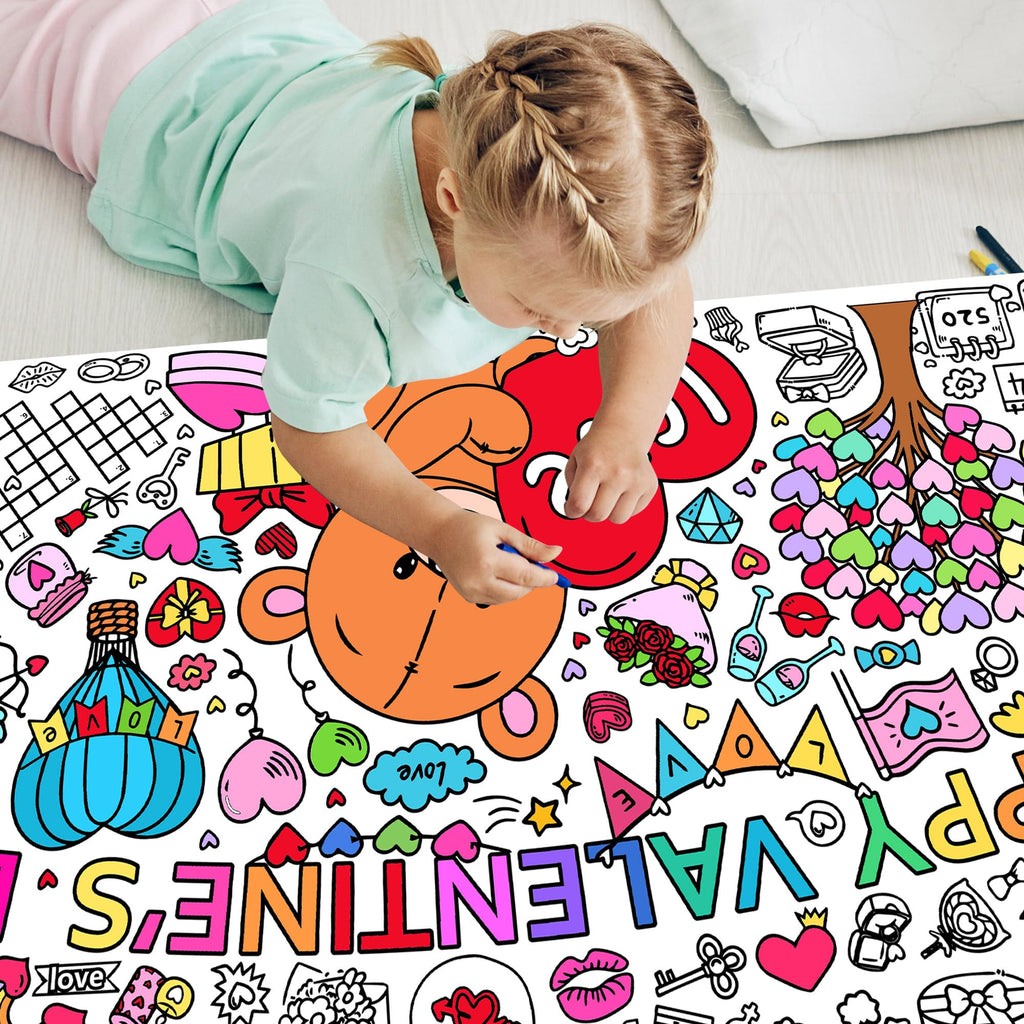 EUVBOKW Giant Valentine's Day Coloring Tablecloth, Large Happy Valentine Coloring Poster for Home Birthday Party Supplies, 30x72 Inches