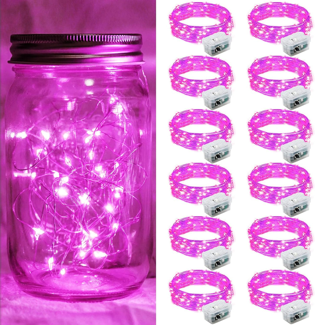 Skiennix 12 Pack Pink Fairy Lights - 7Ft 20 LED Twinkle String Lights | Battery Operated & Waterproof for Weddings, Parties, & Decor