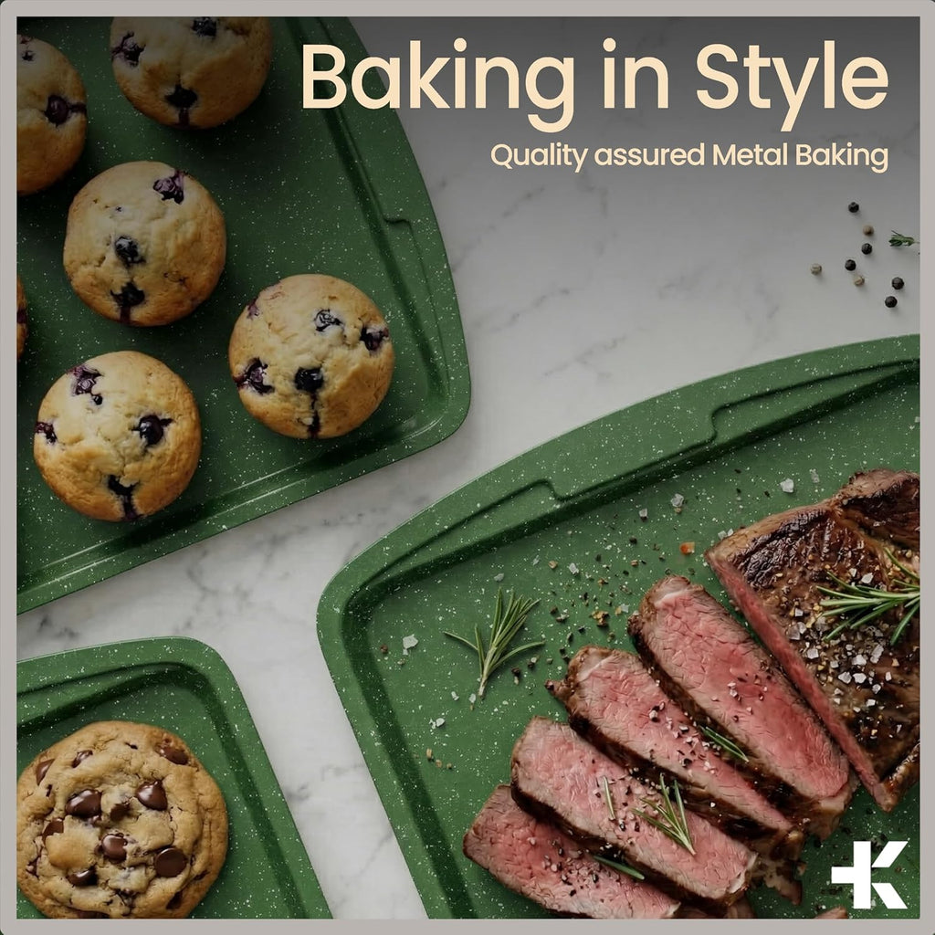 BAKKEN Baking Pan Set - Nonstick Green Marble Coating, Commercial Grade Carbon Steel | Oven Safe Up to 450°F, Set of 3