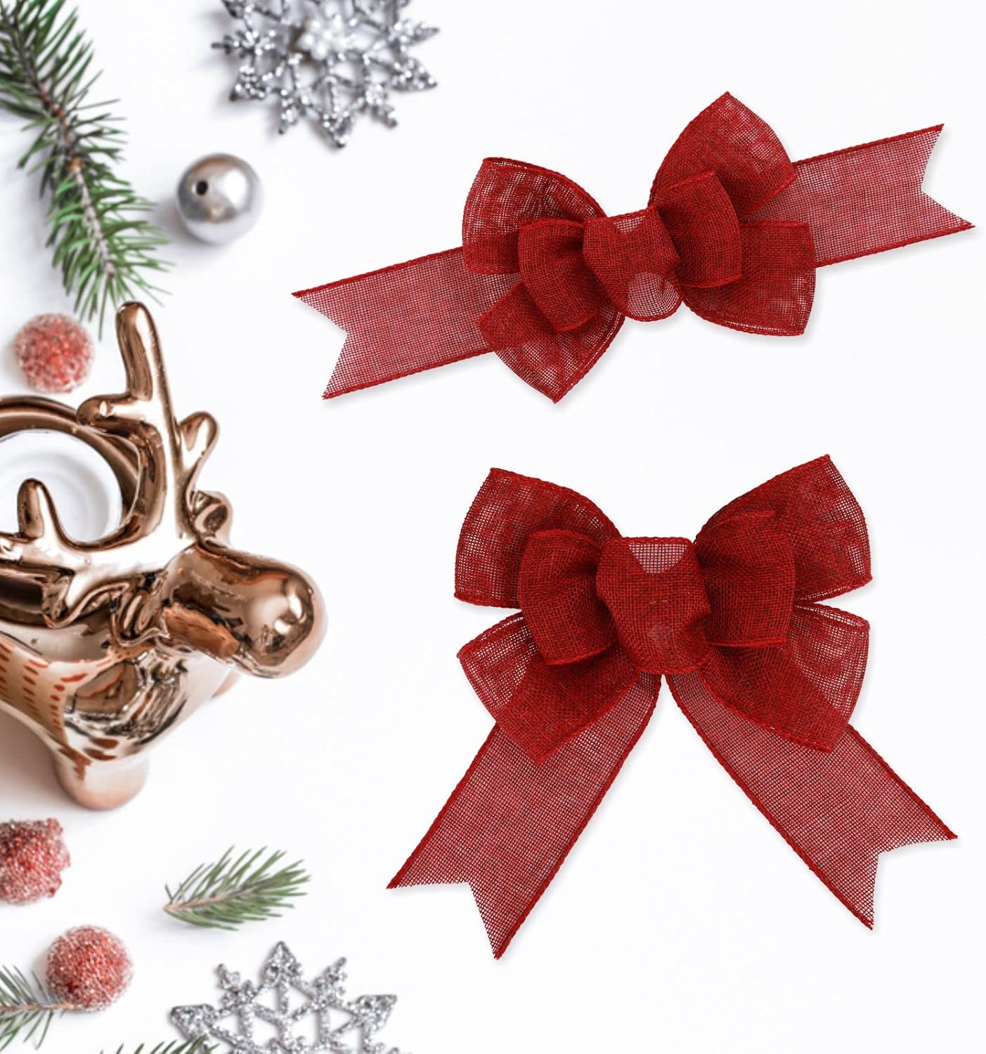 Meseey Burgundy Wired Ribbon Bows - Handmade Premade Burlap for Wreaths & Gift Wrapping | 2 Pcs Set
