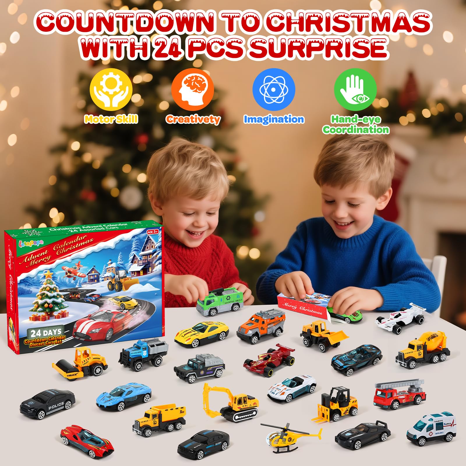 Advent Calendar 2025 for Kids, 24 Days Christmas Countdown Calendar with Die-cast Cars for Toddler Boys, Christmas Advent Calendars Cars Set, Classroom Prizes Xmas Holiday Party Favor Gift for Kids