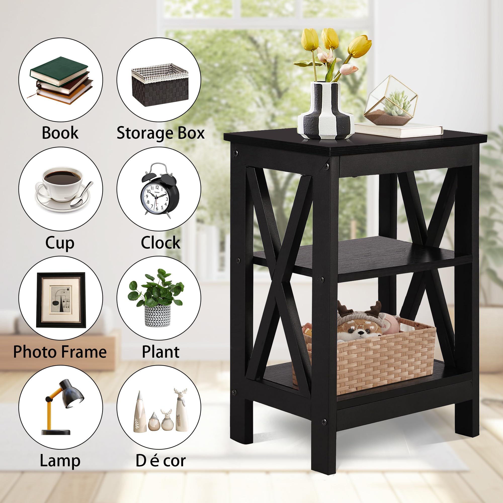 VECELO Modern Nightstands X-Design Side End Table Night Stand with Storage Shelf for Bedroom,Living Room,