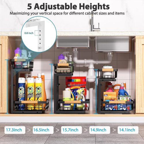 Liuoud Under Sink Organizer - 2 Pack Adjustable 2-Tier Storage Solution for Kitchen & Bathroom - Black