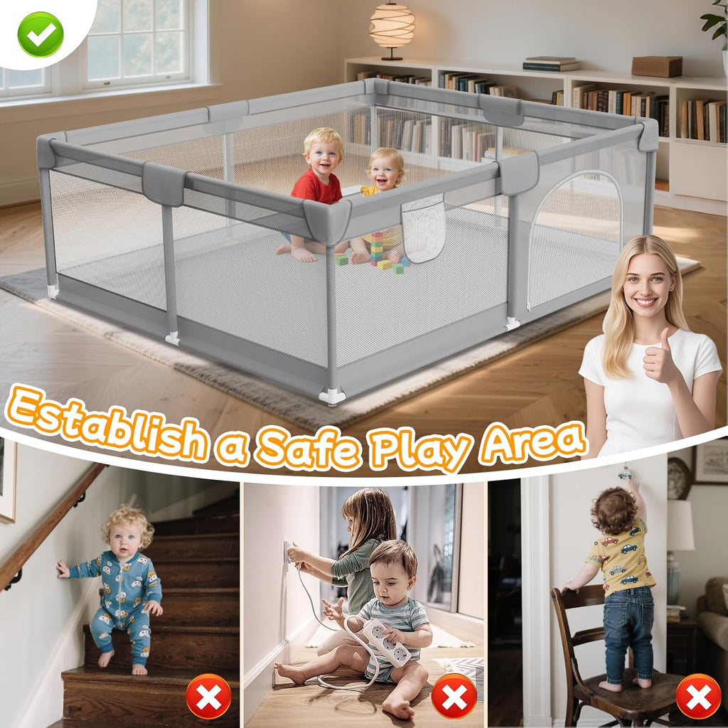 Skiennix Large Baby Playpen - Breathable Mesh Safety Activity Center for Indoor & Outdoor Use, Grey 74"x50"