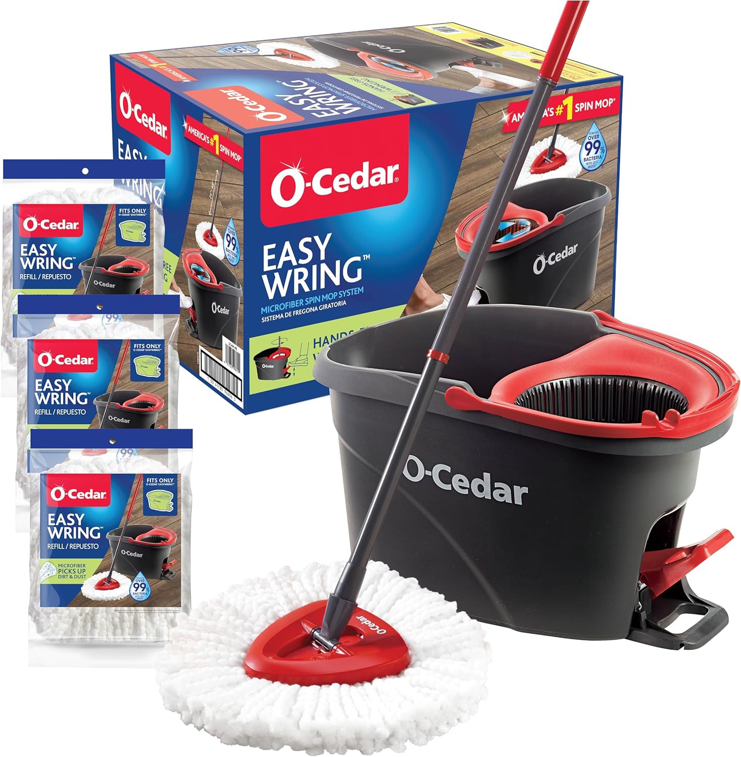 O-Cedar Easy Wring Spin Mop System - Includes 3 Extra Refills for Effortless Cleaning