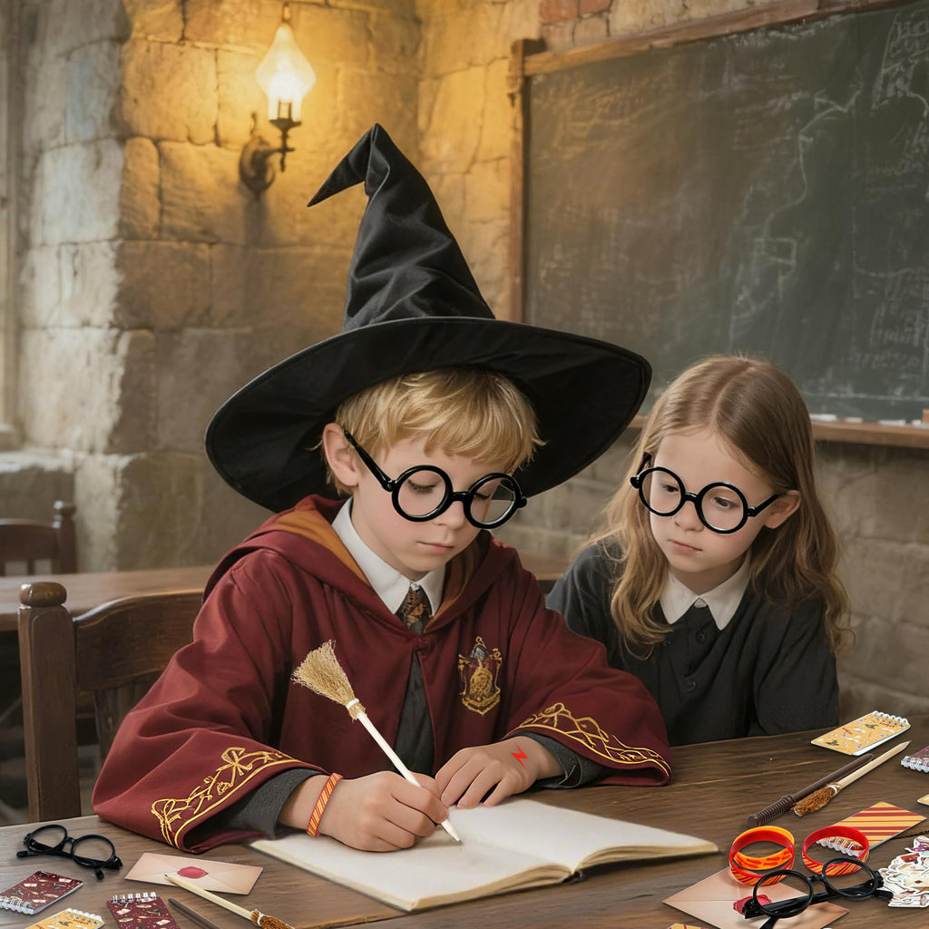 HandTool 100pcs Wizard Party Favors, Birthday Party Supplies Including Wizard Glasses, Wand Pencils, Lightning Tattoos, Envelope card, Magic Birthday Decorations Gifts Classroom Rewards for Kids