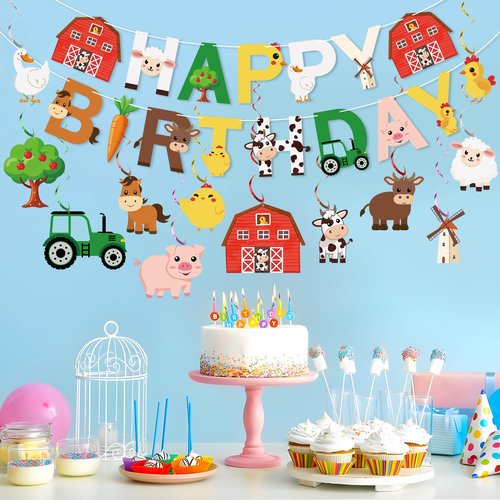 50 PCS Farm Animals Party Decorations Happy Birthday Banner and Hanging Swirls Animal Theme Foil Hanging Streamers for Farm Theme Birthday Party Supplies