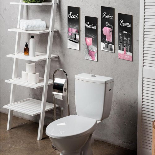 Honoson Bathroom Decor Wall Art - 4 Pcs Farmhouse Signs for Relaxation | Black & Pink