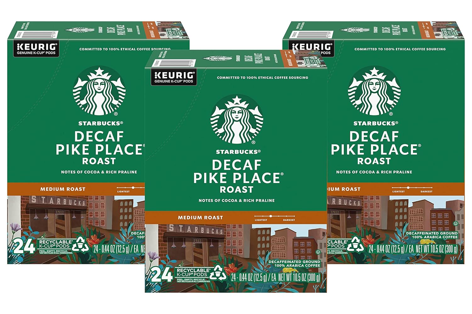 Starbucks Decaf Pike Place Roast K-Cups - Smooth Flavor, 72 Count (3 Boxes of 24)