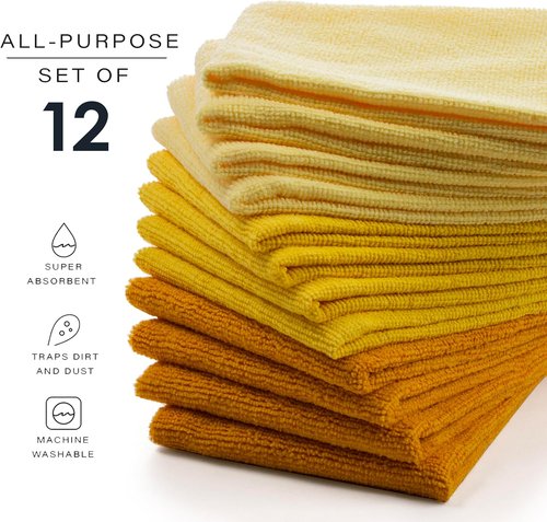 BINO Microfiber Cleaning Towels Set - Ultra Absorbent Yellow Ombre - 15x15 Inches | 12 Pack