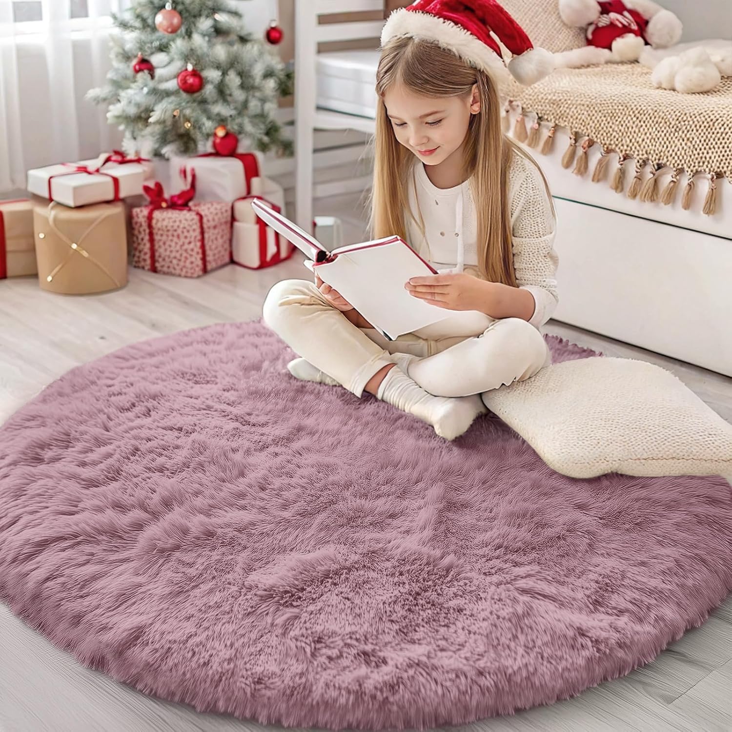 OLANLY Blush Round Rugs - Soft & Fluffy 4 ft Circle Area Rug for Bedroom, Living Room & Nursery Decor