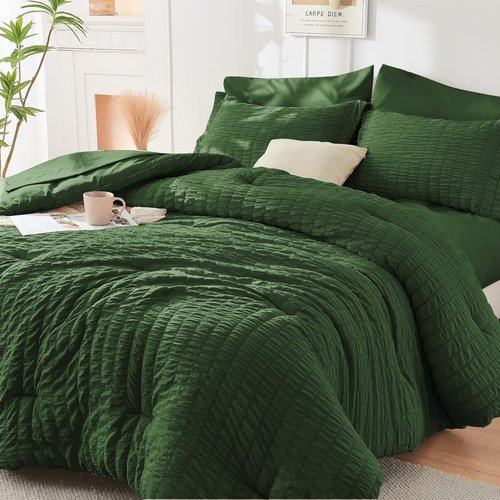 HYMOKEGE King Size Comforter Set - Dark Green Seersucker 7-Piece Luxury Bedding Set for All Seasons