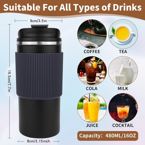 Disoza 16 Oz Travel Mug - Black Insulated Stainless Steel Coffee Mug for Hot & Iced Drinks