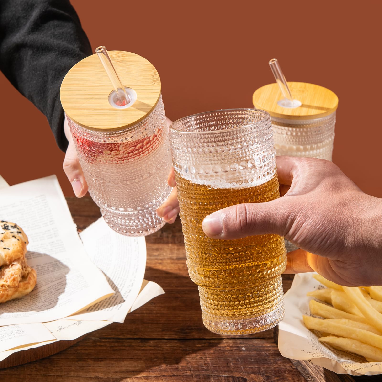 MRZIKPO Drinking Glasses with Bamboo Lids and Glass Straw 8pcs Set,16oz Glass Tumbler Cups,Water Glasses,Iced Coffee Glasses,iced Tea Glasses,Beer Glasses,Ideal for Whiskey,2 Brushes
