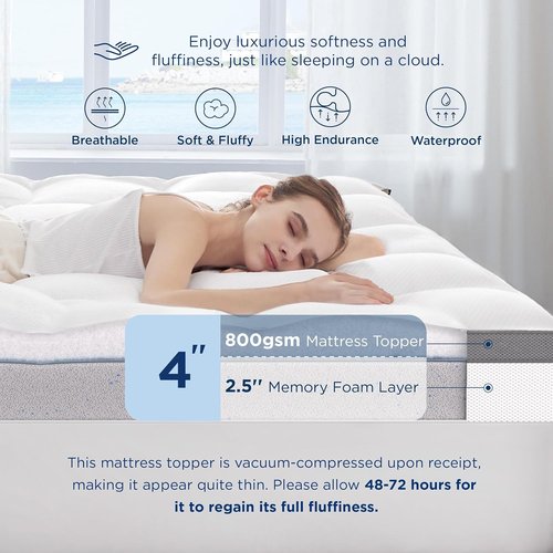 Bedsure 4 Inch Queen Mattress Topper - Dual Layer Gel Memory Foam & Waterproof Pillow Top | 60x80 Inches