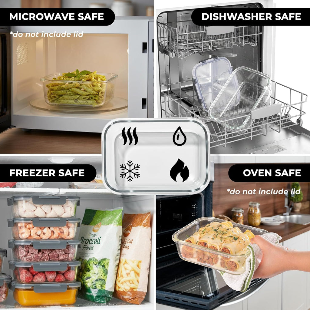 Zulay Kitchen 36oz Glass Tupperware Container Set - 5 Piece BPA-Free Borosilicate Storage | Leak-Proof & Oven Safe - Gray