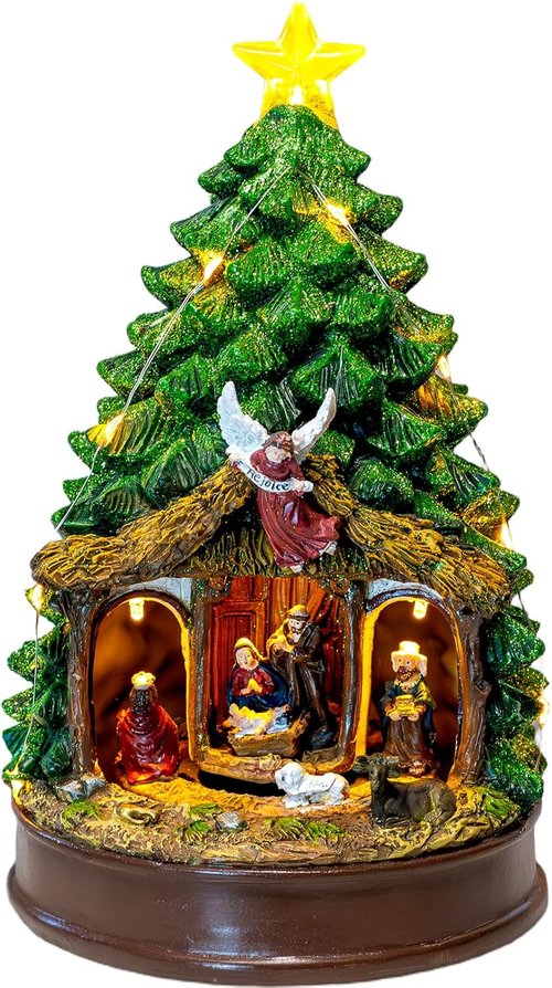 Candieslife Musical Christmas Tree - Rotating Nativity Scene with LED Star Light | Tabletop Decor Gift