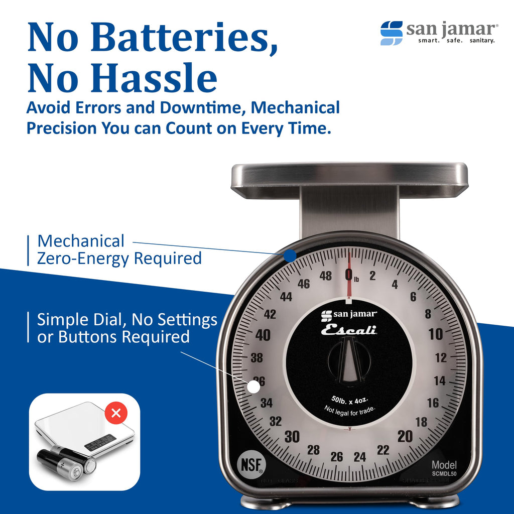 San Jamar Escali Analog Food Scale – SCMDL50 Mechanical Food Scale for Kitchens and Restaurants, Easy-Read Dial, Non-Slip Base, 50lb Capacity, 4oz
