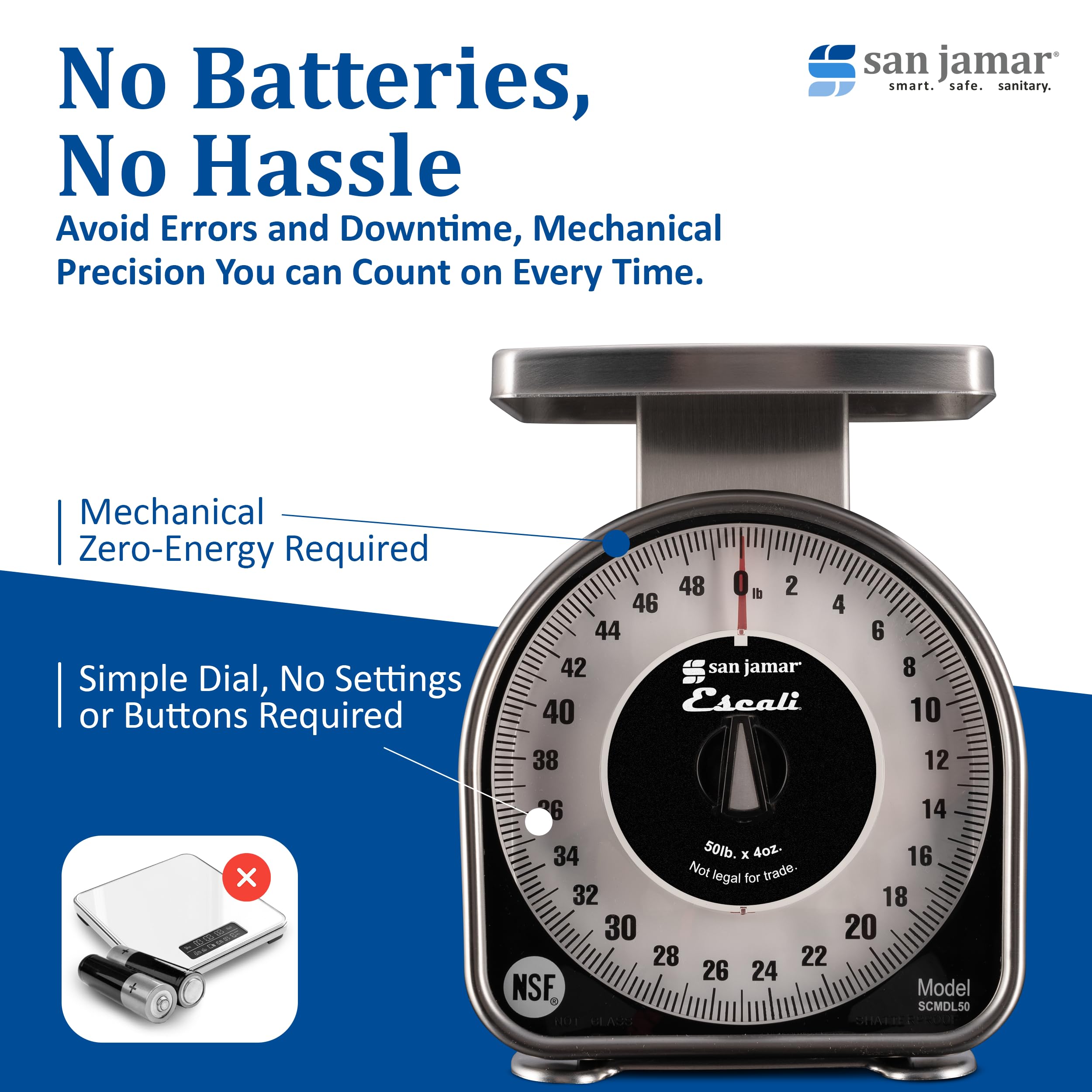 San Jamar Escali Analog Food Scale – SCMDL50 Mechanical Food Scale for Kitchens and Restaurants, Easy-Read Dial, Non-Slip Base, 50lb Capacity, 4oz