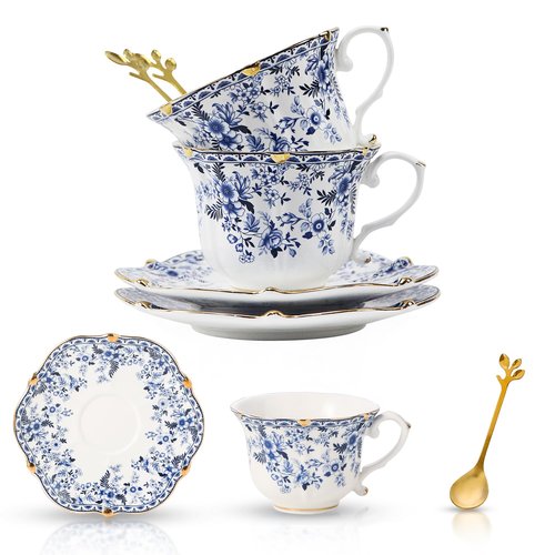 TATSUMI Country Roses Bone China Tea Cup and Saucer Set, 6 Pieces, Vintage Style, For Women and Tea Parties（QH, 2 SETS）