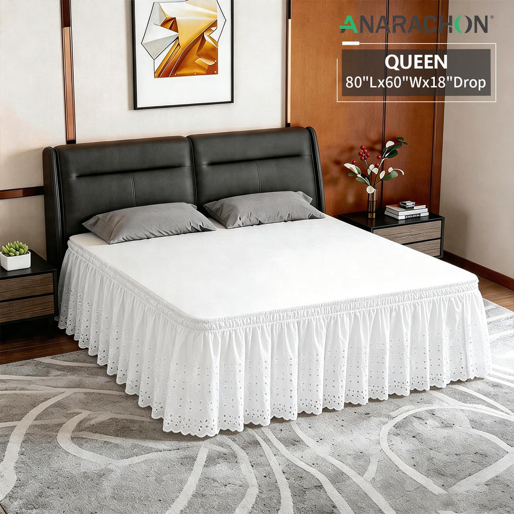 ANARACHON Queen Bed Skirt, Wrap-Around Elastic Ruffled Eyelet Bed Skirt Queen Size Dust Ruffle with Gathered Styling and Embroidered Details, 18" Drop Length (White)