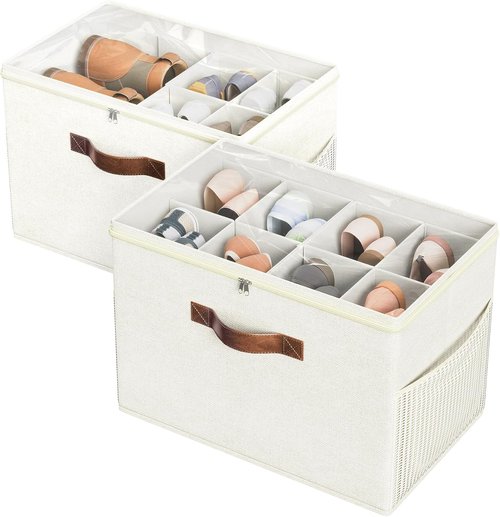Budding Joy Shoe Organizer - Clear Foldable Storage Containers with Adjustable Dividers | Fits 16 Pairs, Beige