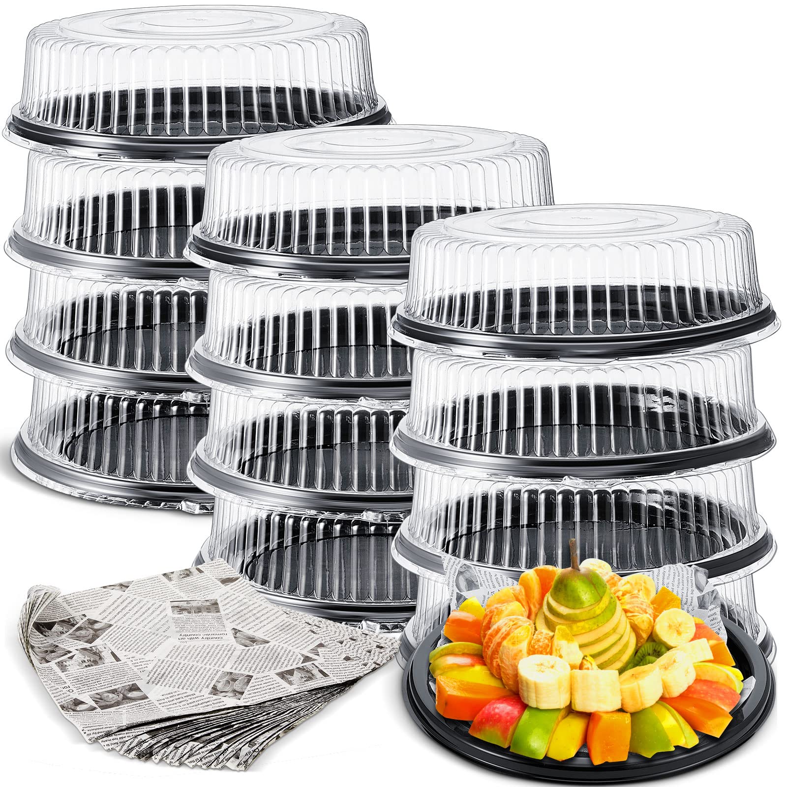 Tessco for you 12 Pack Heavy Duty Repeatedly Plastic Serving Tray with Lid and 24 Pcs Deli Wax Paper Sheets Sets Large Party Platters with Clear Lids Stackable Round Food Serving Trays (Black,16inch)