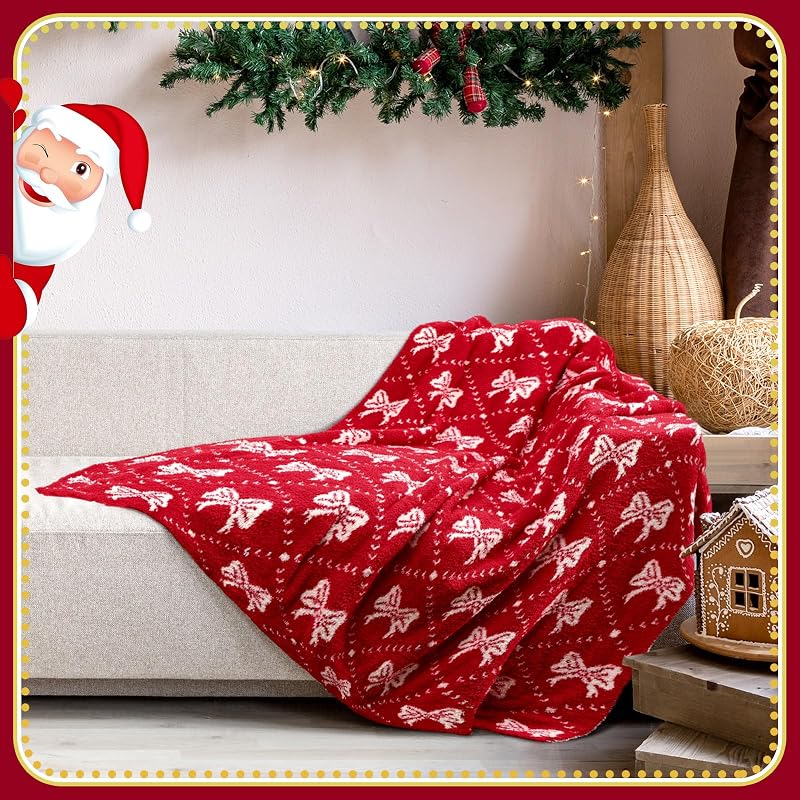 50 x 70 Inch Christmas Bow Throw Blanket - Red Coquette Bow, Lightweight