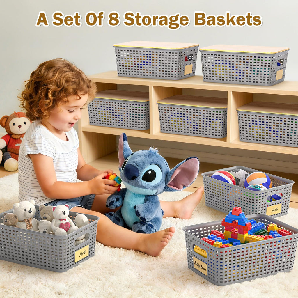 Stackable Storage Basket: Plastic Baskets Bins, Baskets for Organizing, Pantry Decorative Containers for Closets, Cabinets, Shelves(8 Pack, Grey)