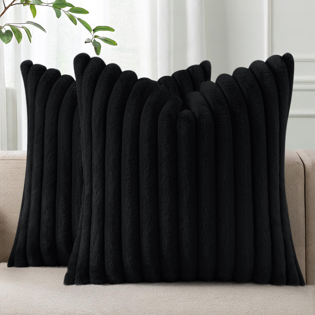 Pallene Faux Fur Plush Throw Pillow Covers 18x18 Set of 2, Luxury Soft Fluffy Striped Decorative Pillow Covers for Sofa, Couch, Living Room, Black