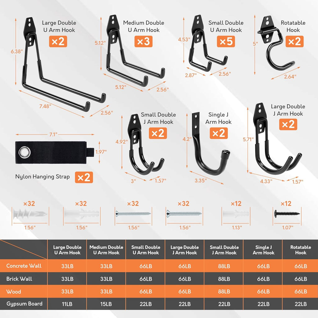 TONDA Heavy-Duty Garage Hooks - 20 Pack Wall Storage Solution for Bikes, Ladders, and Tools | Black
