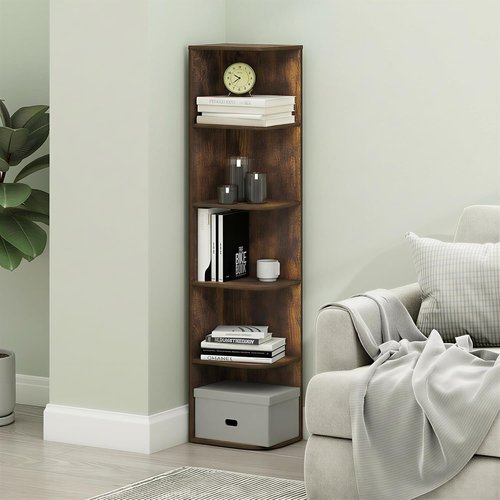 Furinno PASIR 5-Tier Corner Bookshelf - Open Shelf Design for Organization | Amber Pine, 9.3 x 12 x 51.7