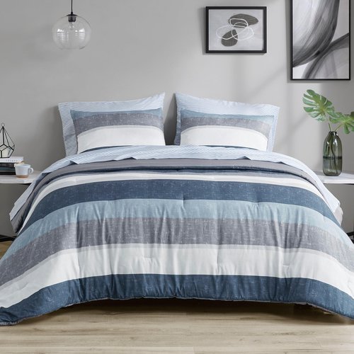 Madison Park Essentials Jaxon Bed in a Bag Comforter Set with Sheet, Printed Stripe Design, Modern All Season Bedding and Matching Sham, Queen Blue/Grey 7 Piece