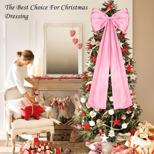 Giant Pink Bow | Double-Layer Satin Christmas Decorations - 24 x 42 Inches for Tree Topper & Party Decor