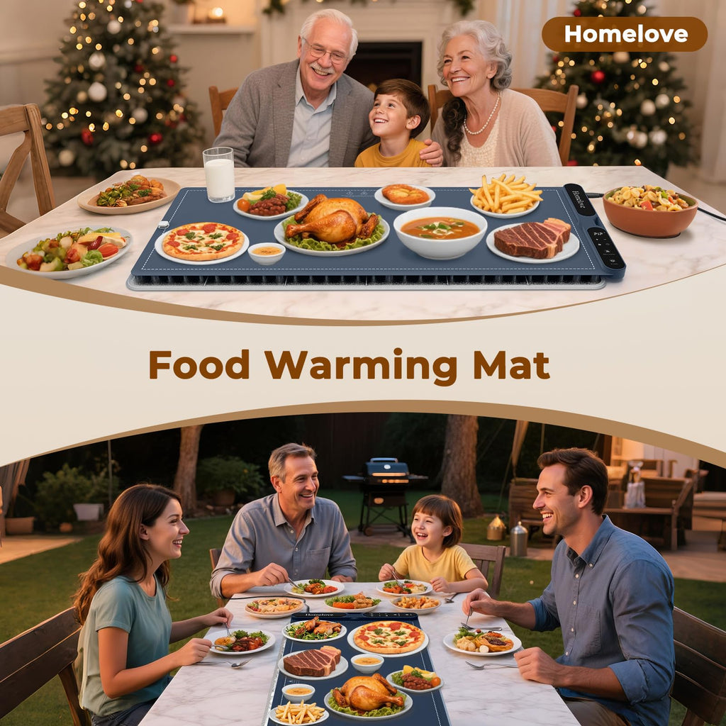 Homelove Warming Mat for Food - Fast Full Surface Electric Warming Tray with 7 Temp-Settings & 8H Timer, Portable Roll Up Food Warmer with Heat Insulation Pad for Gatherings Parties Buffet XXL-Navy