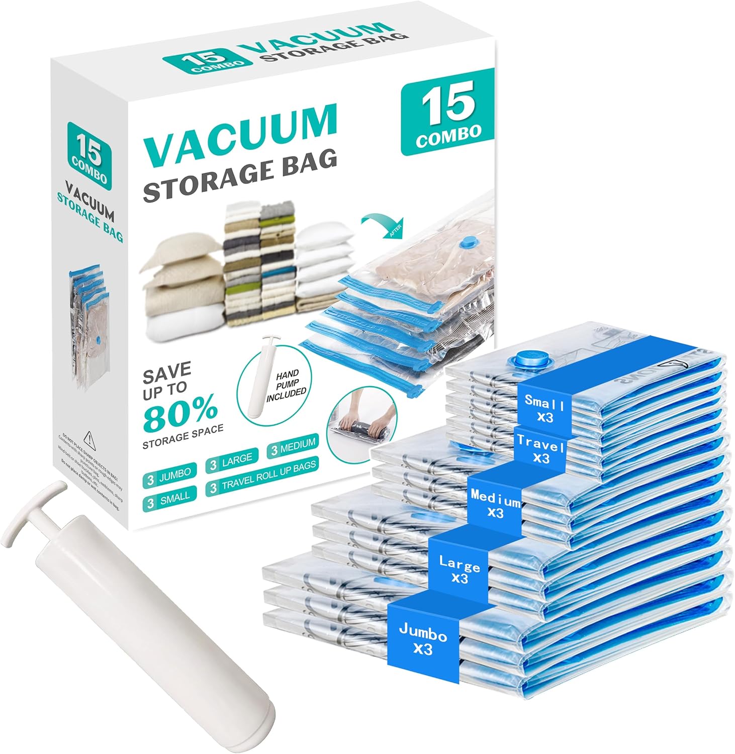 Skiennix Vacuum Seal Bags - 15 Pack Space Saver Storage for Clothing, Blankets & Travel | Hand Pump Included