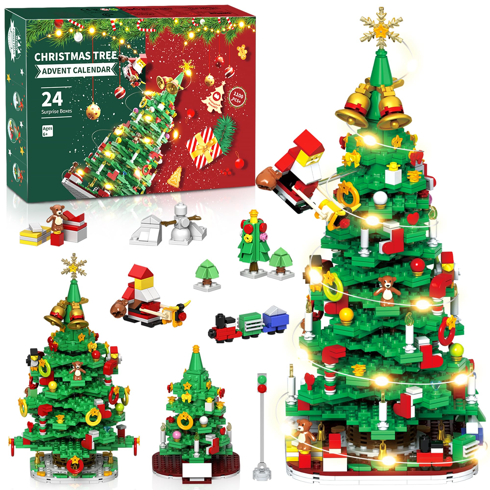 Advent Calendar 2025 Adult kids teen Boys Girls women men, Teenager boys girls LED Christmas Tree Building Set advent calendar 2025 for kids teens boys ,24 Boxes 1100+ Pcs Christmas advent Calendars Building Blocks,kid teen adults advent calendars 2025