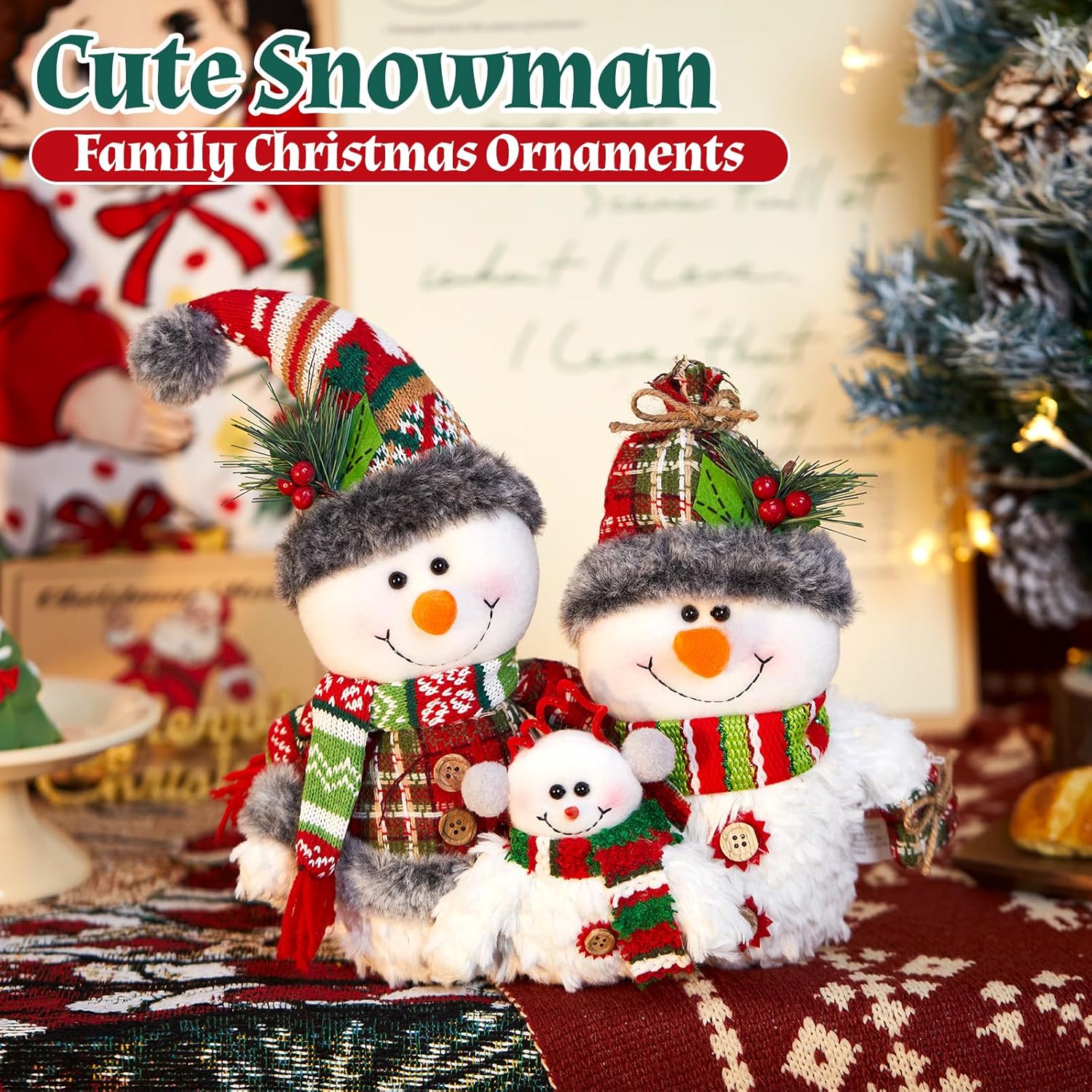 WEWILL 12'' Christmas Snowman Figurine - Cozy Family Decor for Holiday Tabletop & Tree Display