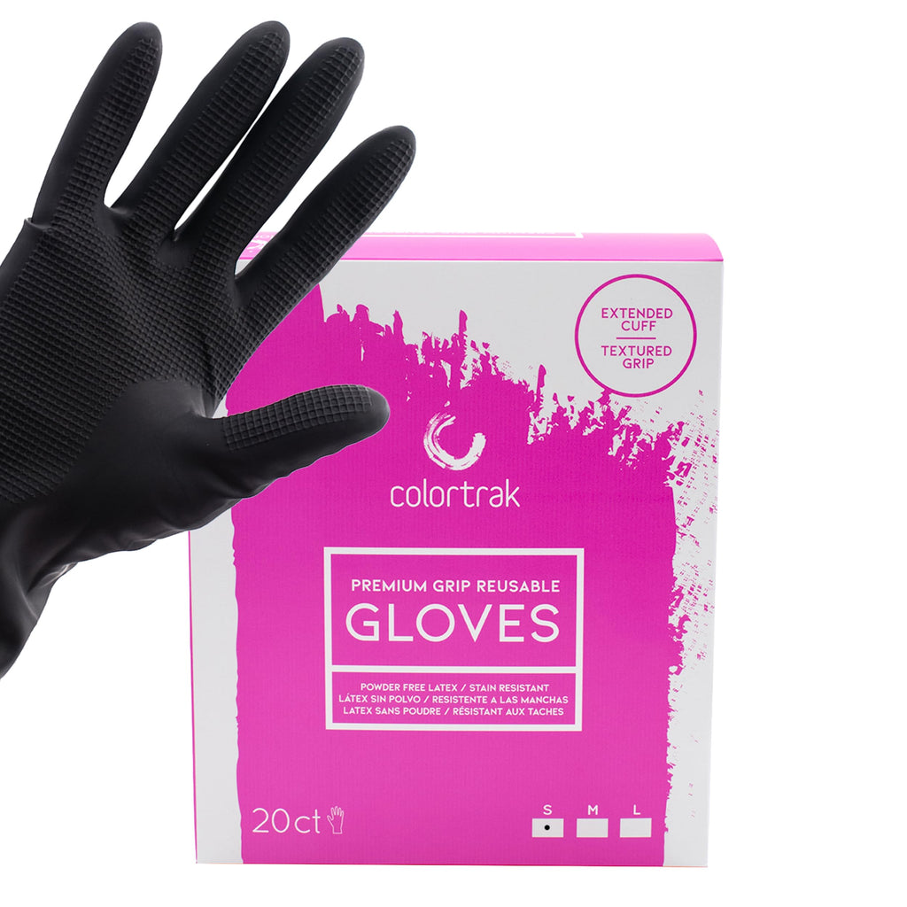 Colortrak Reusable Latex Salon Gloves, Black, Powder-Free Textured Grip Hair Color Gloves for Chemical Processing & Salon Services, Long Cuff, 20 Count, Small
