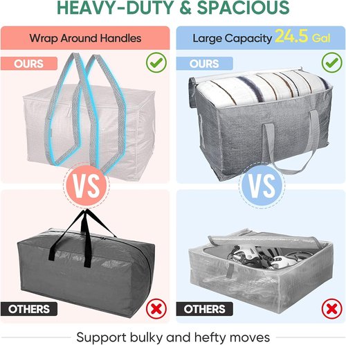 BALEINE Oversized Moving Bags - Heavy-Duty Storage Tote with Reinforced Handles | 8-Pack in Winter Grey